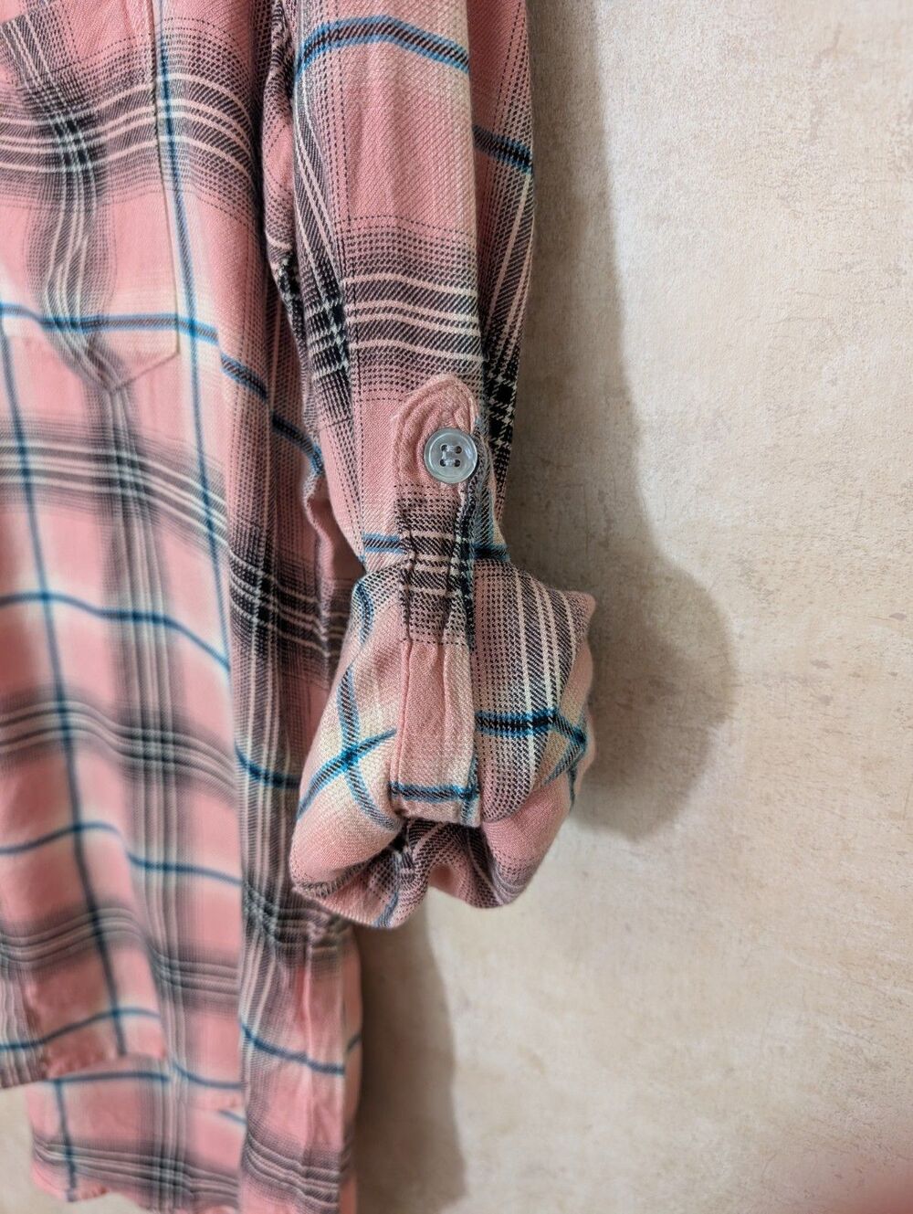 Karen Kane Top Womens XS Pink Plaid Roll Tab Button Up Long Sleeve Preppy Shirt - Picture 7 of 11